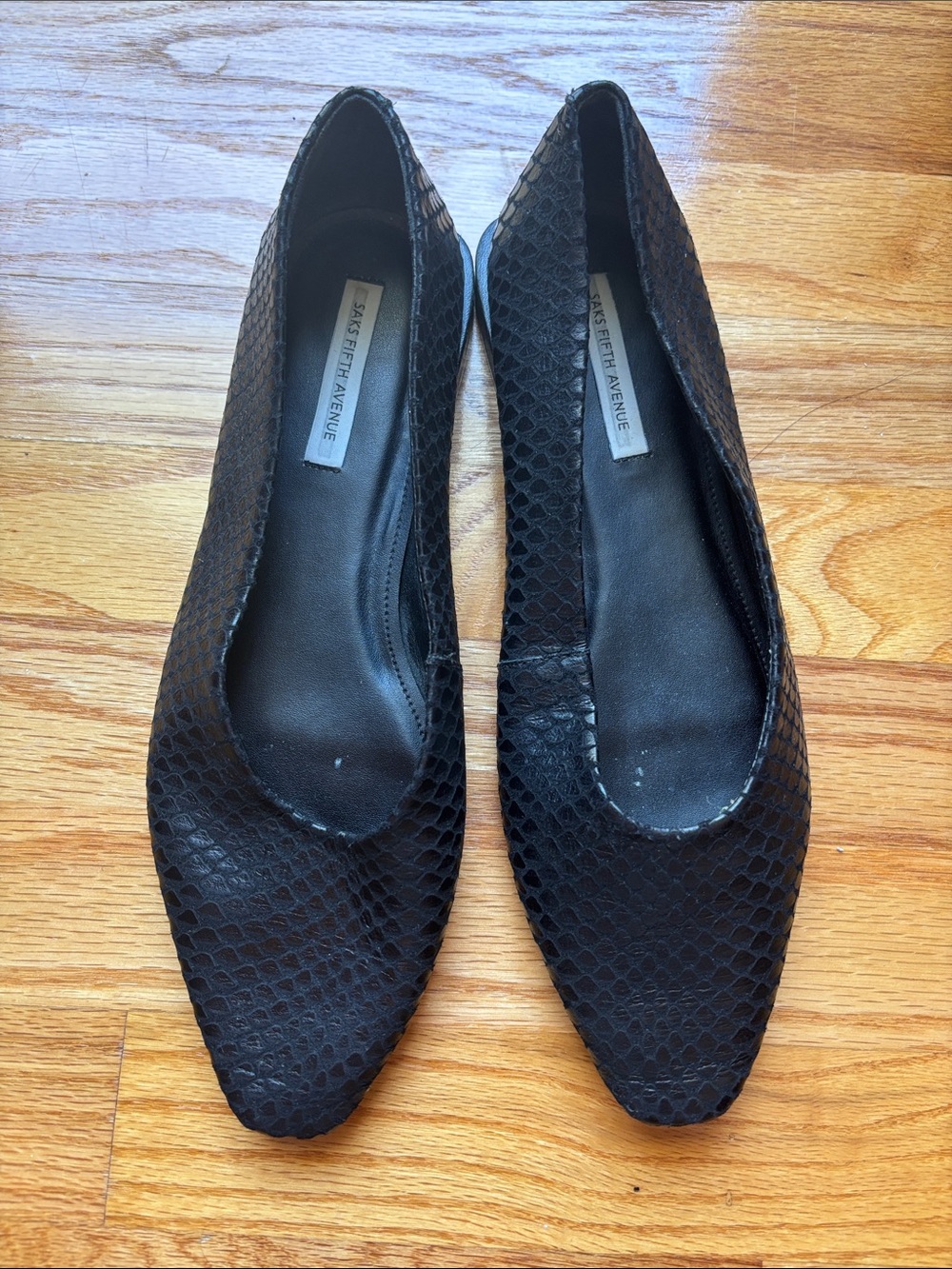 Saks Fifth Avenue Black Snake-Embossed Pointed-Toe Flats